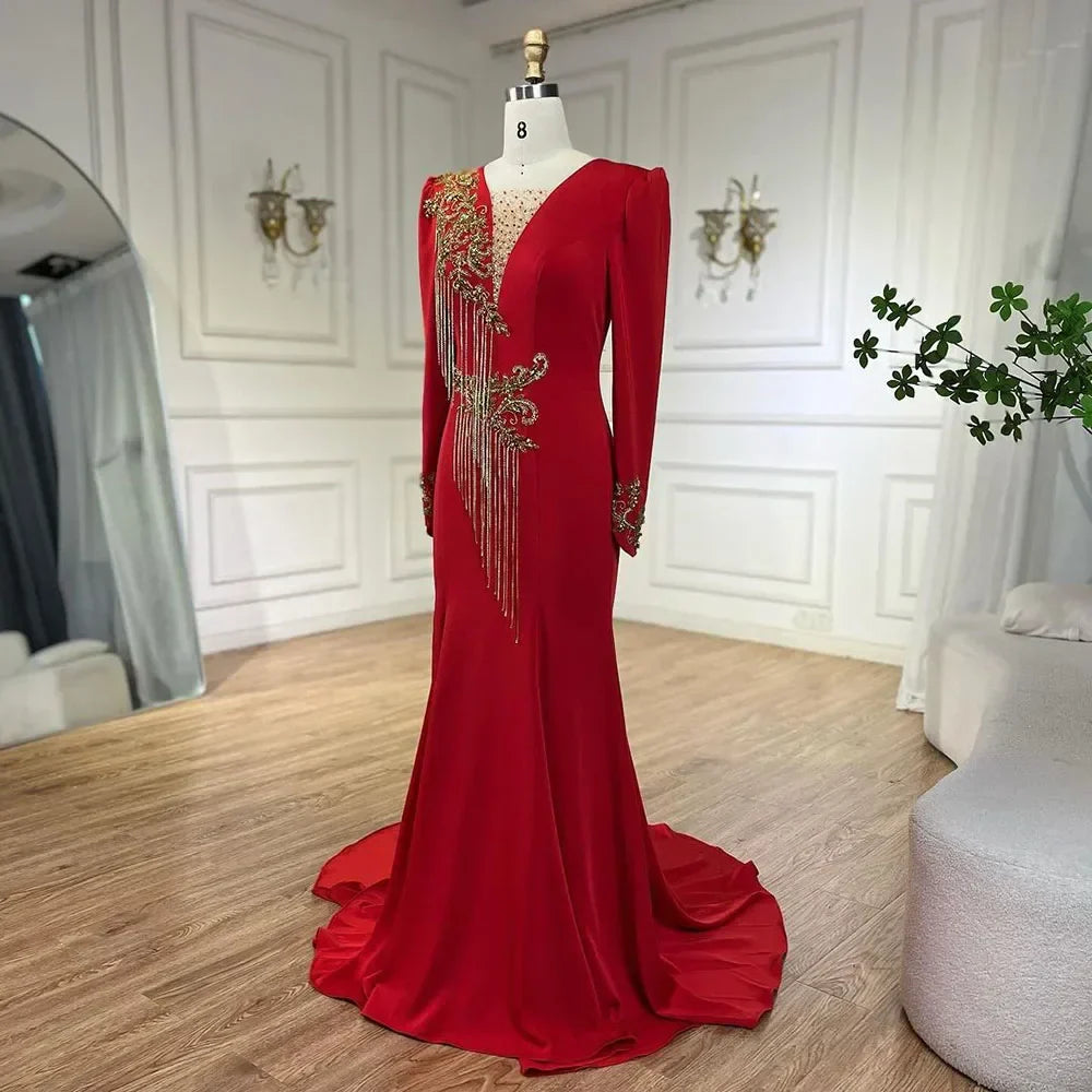 Arabic Red Mermaid Elegant Tassel Beaded Luxury Dubai Evening Dresses Gowns 2025 For Women Wedding Party LA72494