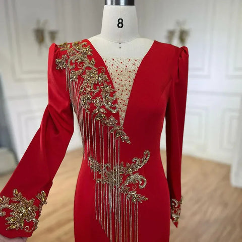 Robe de soirée sirène rouge élégante à pampilles et perles, luxueuse robe de soirée de Dubaï, pour femmes, mariage, LA72494, 2025 