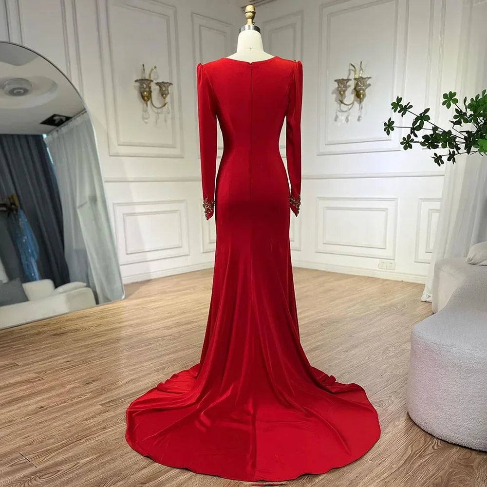 Arabic Red Mermaid Elegant Tassel Beaded Luxury Dubai Evening Dresses Gowns 2025 For Women Wedding Party LA72494