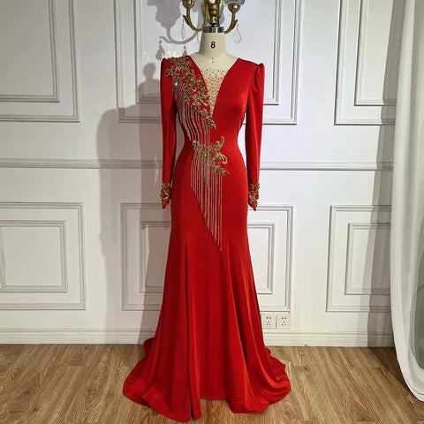 Robe de soirée sirène rouge élégante à pampilles et perles, luxueuse robe de soirée de Dubaï, pour femmes, mariage, LA72494, 2025 