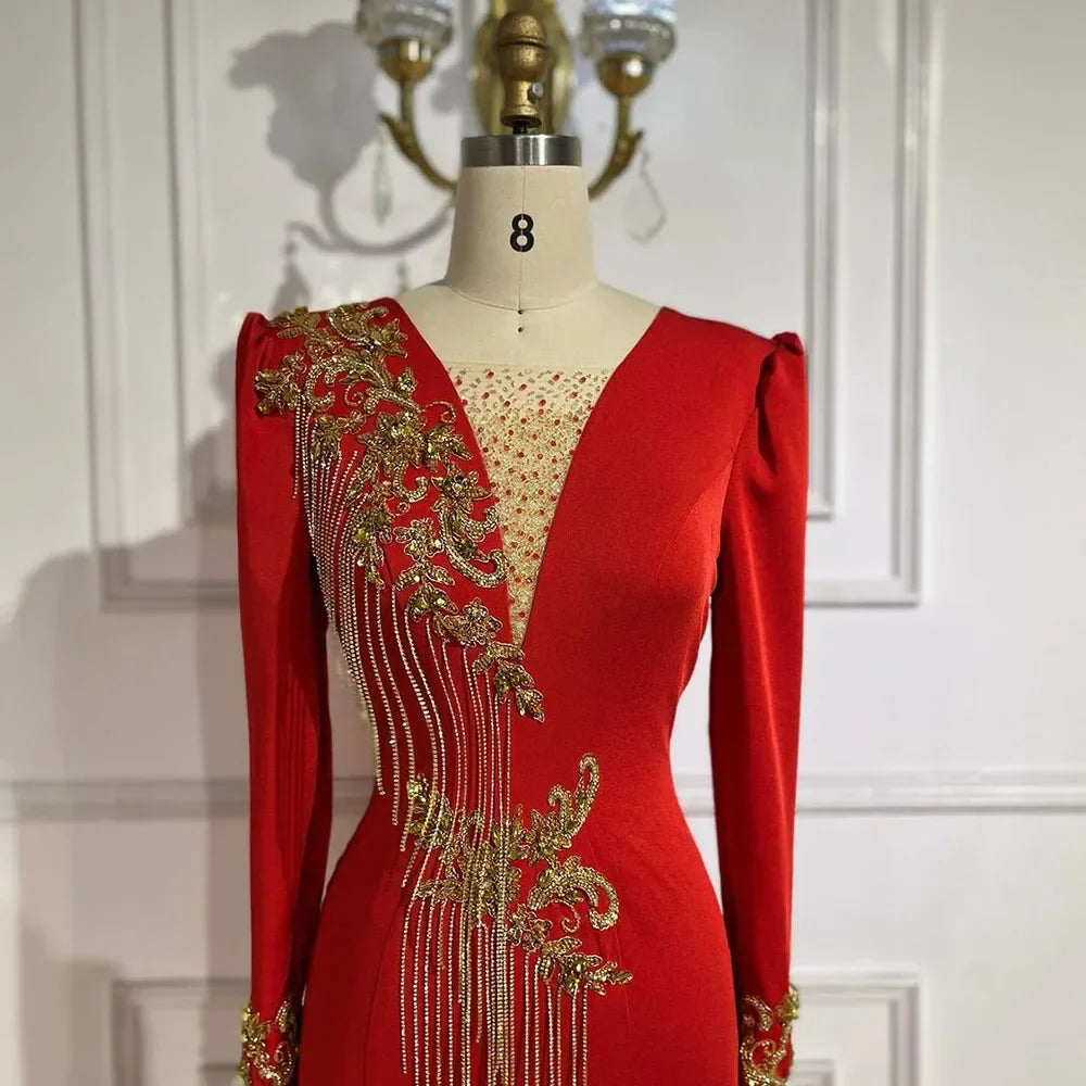 Arabic Red Mermaid Elegant Tassel Beaded Luxury Dubai Evening Dresses Gowns 2025 For Women Wedding Party LA72494