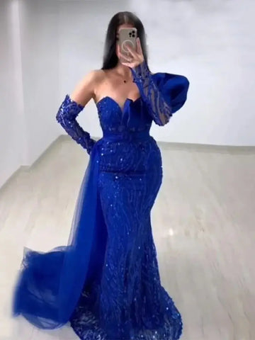 Robe de soirée sirène bleu royal, luxueuse et élégante, à perles, style Dubaï, pour femme, idéale pour un mariage, collection 2025, LA72222 