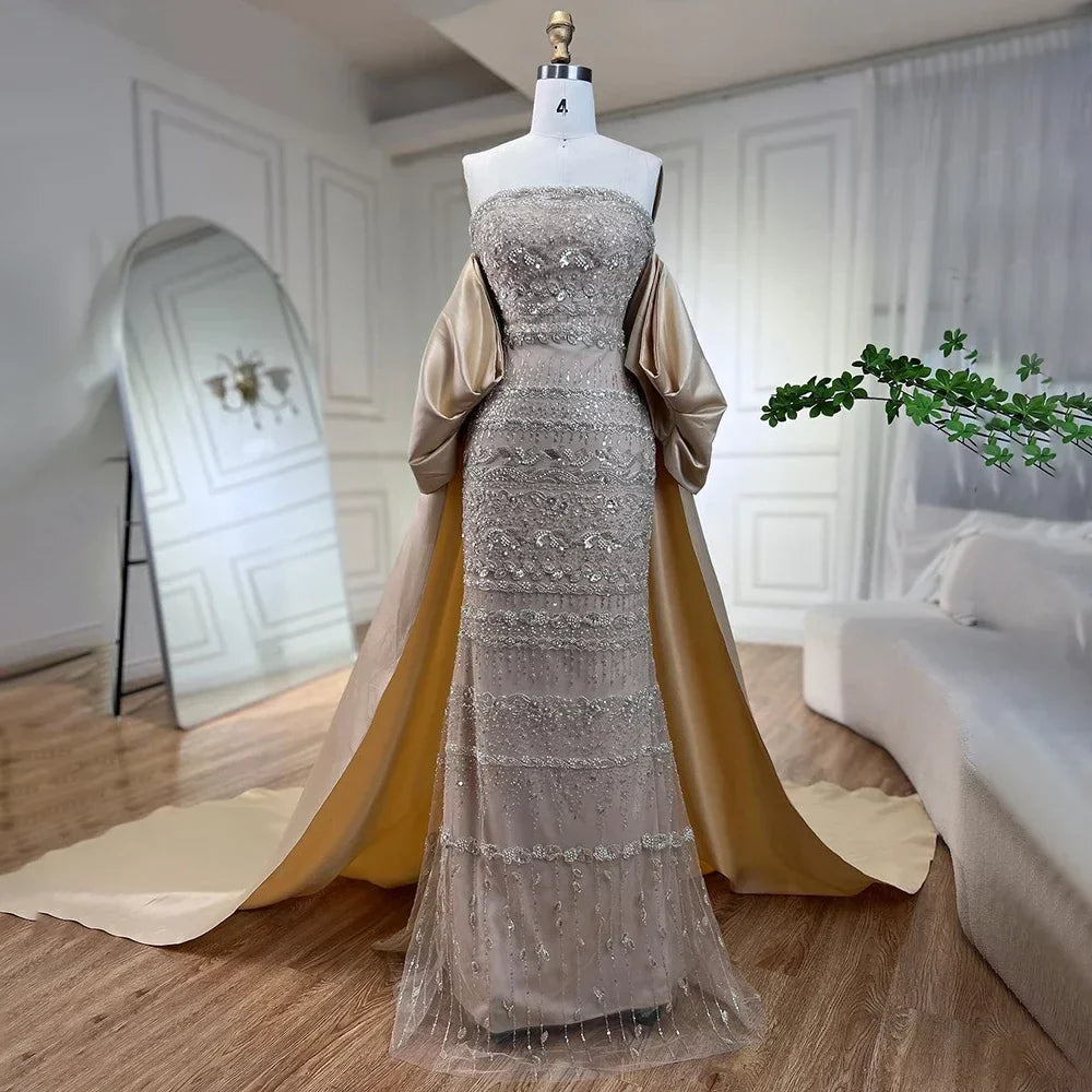 Luxury Sage Green Beaded Evening Dress with Cape LA72126