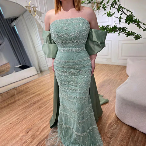 Luxury Sage Green Beaded Evening Dress with Cape LA72126