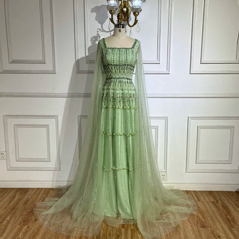 Robe de soirée longue de luxe à perles, coupe trapèze, vert sauge, style arabe, avec manches cape, pour femme - Party 2025 LA72595 