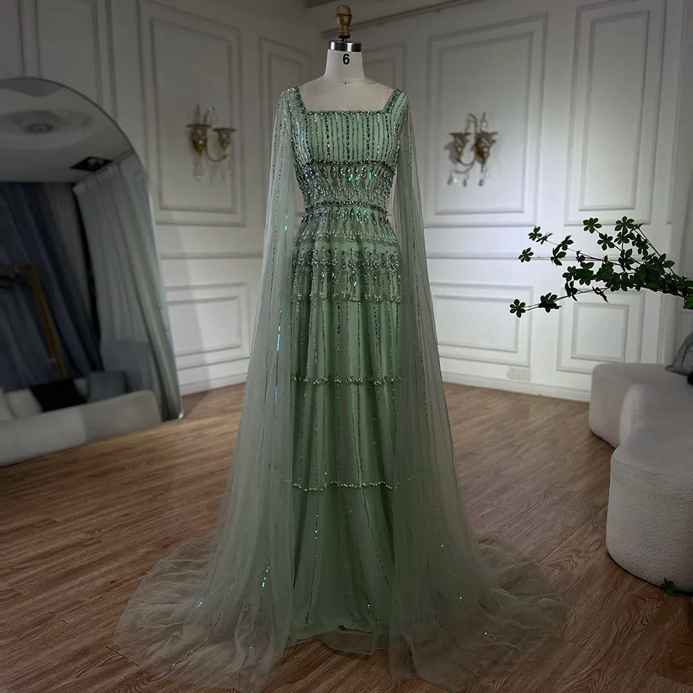 Arabic Sage Green  A-Line Beaded Luxury Dubai Long Evening Gown with Cape Sleeves for Women - Party 2025 LA72595