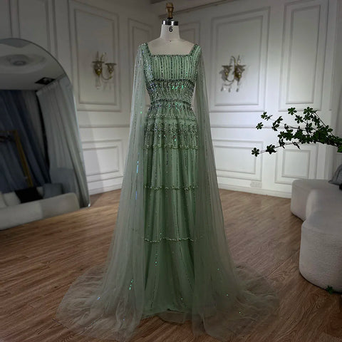 Robe de soirée longue de luxe à perles, coupe trapèze, vert sauge, style arabe, avec manches cape, pour femme - Party 2025 LA72595 
