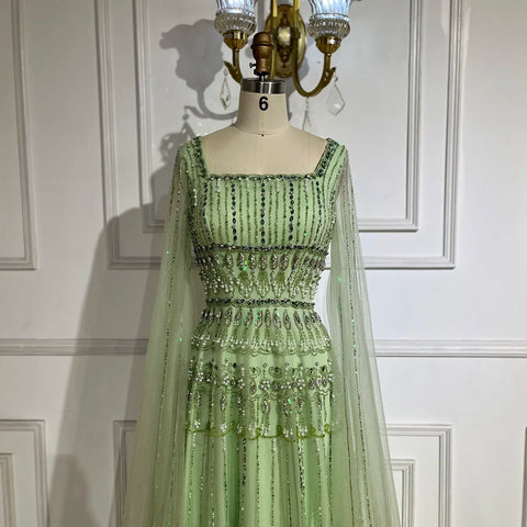 Robe de soirée longue de luxe à perles, coupe trapèze, vert sauge, style arabe, avec manches cape, pour femme - Party 2025 LA72595 