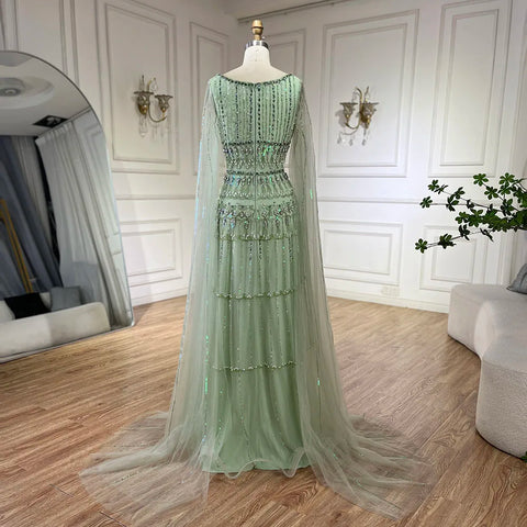 Robe de soirée longue de luxe à perles, coupe trapèze, vert sauge, style arabe, avec manches cape, pour femme - Party 2025 LA72595 