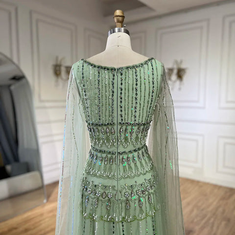 Robe de soirée longue de luxe à perles, coupe trapèze, vert sauge, style arabe, avec manches cape, pour femme - Party 2025 LA72595 