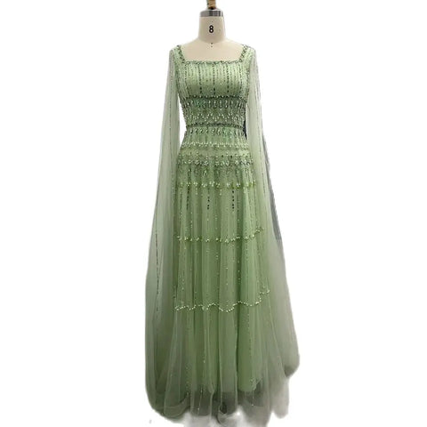 Robe de soirée longue de luxe à perles, coupe trapèze, vert sauge, style arabe, avec manches cape, pour femme - Party 2025 LA72595 