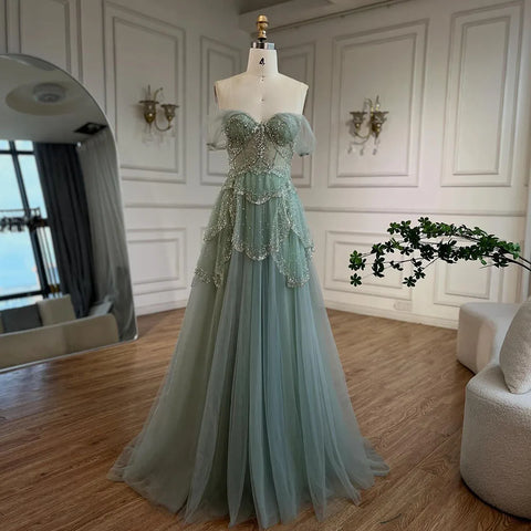 Robe de soirée élégante de luxe vert sauge, coupe trapèze, épaules dénudées, perles, pour femme, mariage, 2025, LA72605 