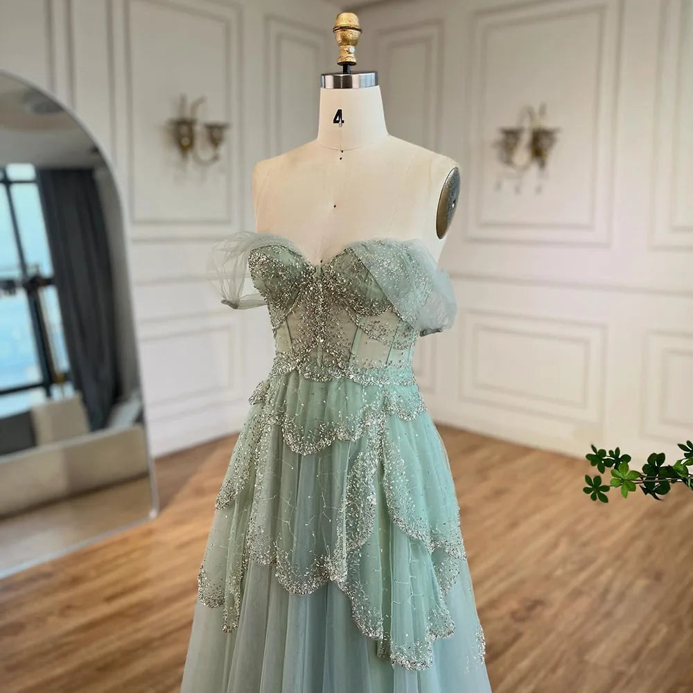 Robe de soirée élégante de luxe vert sauge, coupe trapèze, épaules dénudées, perles, pour femme, mariage, 2025, LA72605 