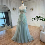 Robe de soirée élégante de luxe vert sauge, coupe trapèze, épaules dénudées, perles, pour femme, mariage, 2025, LA72605 