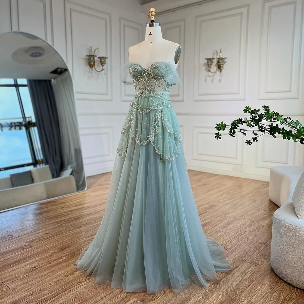 Robe de soirée élégante de luxe vert sauge, coupe trapèze, épaules dénudées, perles, pour femme, mariage, 2025, LA72605 