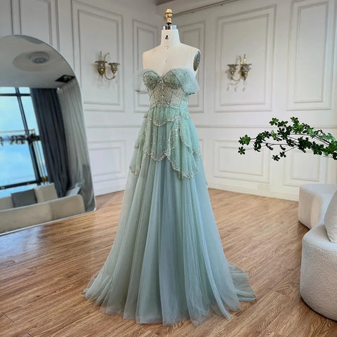 Robe de soirée élégante de luxe vert sauge, coupe trapèze, épaules dénudées, perles, pour femme, mariage, 2025, LA72605 
