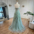 Robe de soirée élégante de luxe vert sauge, coupe trapèze, épaules dénudées, perles, pour femme, mariage, 2025, LA72605 