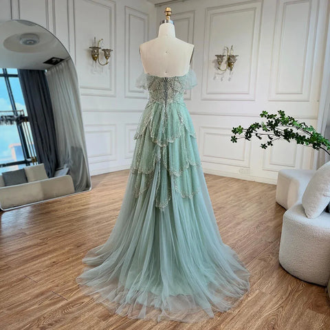 Robe de soirée élégante de luxe vert sauge, coupe trapèze, épaules dénudées, perles, pour femme, mariage, 2025, LA72605 