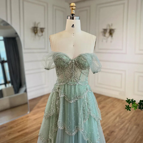Robe de soirée élégante de luxe vert sauge, coupe trapèze, épaules dénudées, perles, pour femme, mariage, 2025, LA72605 