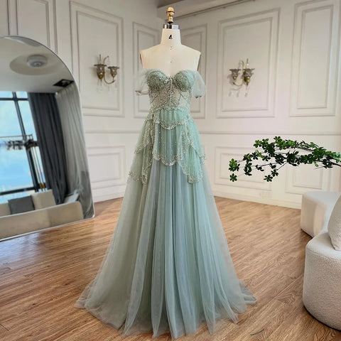 Robe de soirée élégante de luxe vert sauge, coupe trapèze, épaules dénudées, perles, pour femme, mariage, 2025, LA72605 