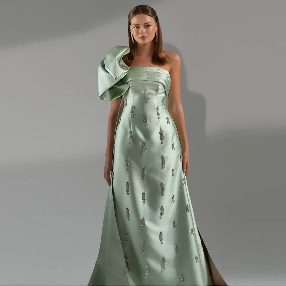 Arabic Sage Green One Shoulder with Cape Luxury Crystal Dubai Evening Dress Gowns for Women's Wedding Party LA72412