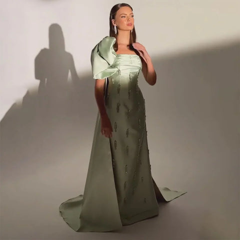 Robe de soirée de luxe à une épaule vert sauge avec cape et cristaux, style Dubaï, pour mariage, LA72412 