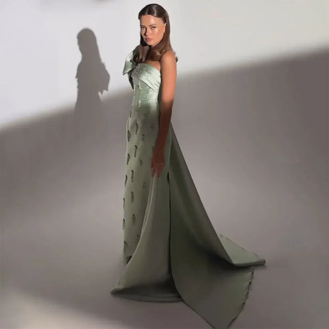 Robe de soirée de luxe à une épaule vert sauge avec cape et cristaux, style Dubaï, pour mariage, LA72412 