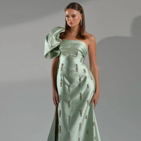 Robe de soirée de luxe à une épaule vert sauge avec cape et cristaux, style Dubaï, pour mariage, LA72412 