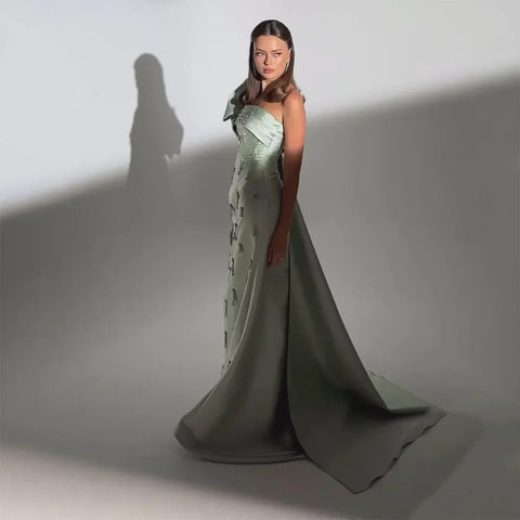 Robe de soirée de luxe à une épaule vert sauge avec cape et cristaux, style Dubaï, pour mariage, LA72412 