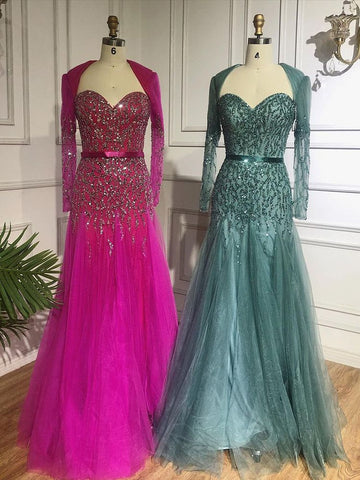 Robe de soirée sexy style arabe fuchsia, col en V, manches longues, perles, luxueuse, encolure en cœur, sans retour, LA71810 