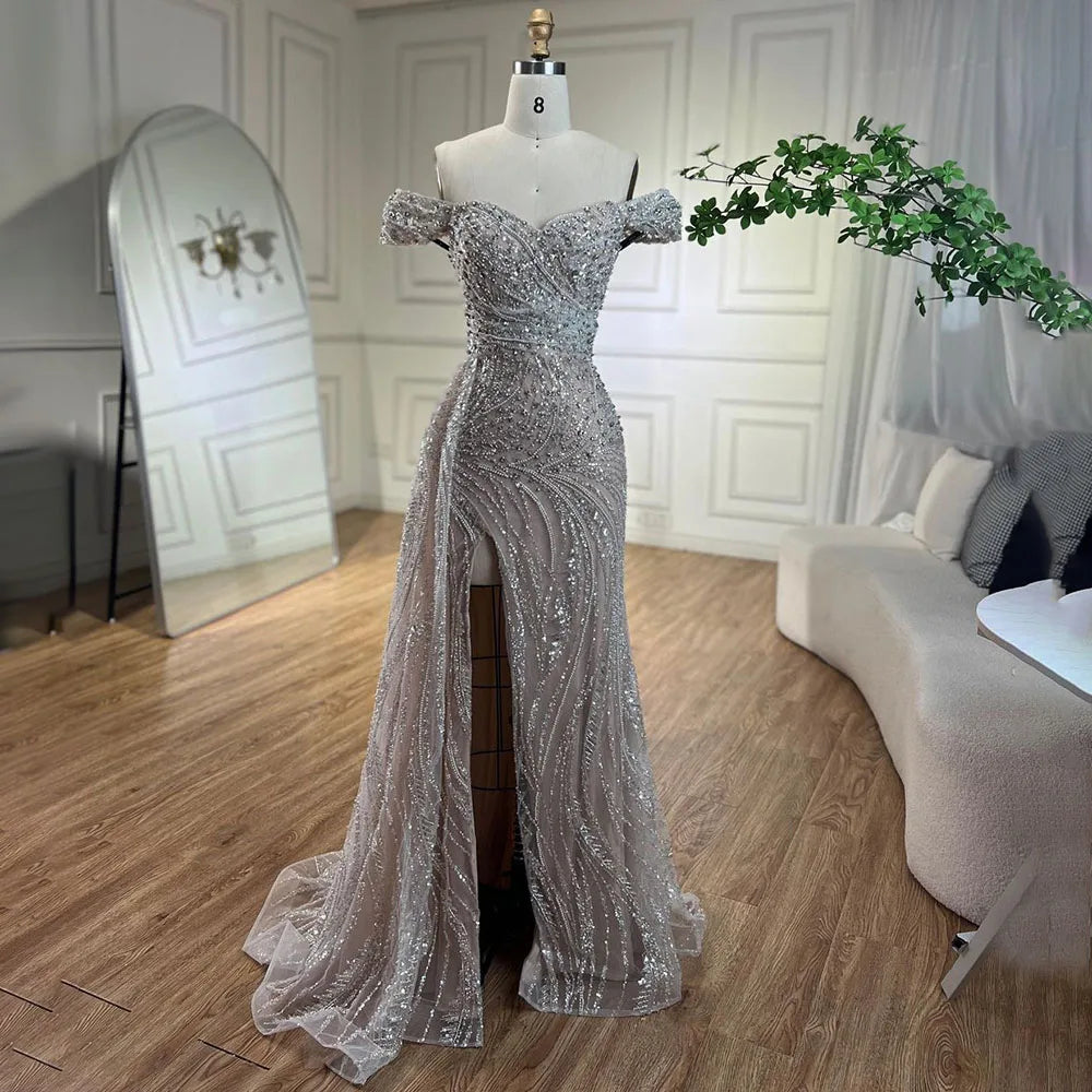 Silver Nude Mermaid High Split Beaded Luxury Evening Dress Gown LA72262