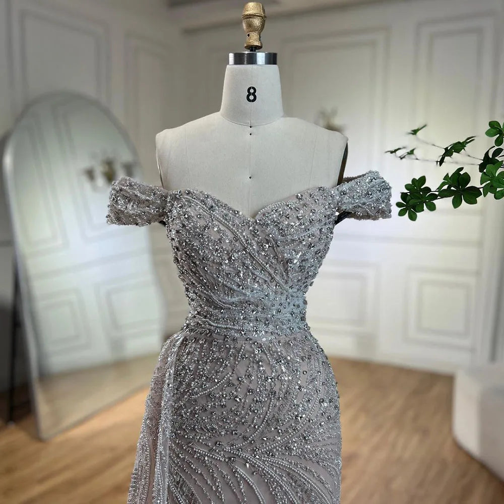 Silver Nude Mermaid High Split Beaded Luxury Evening Dress Gown LA72262