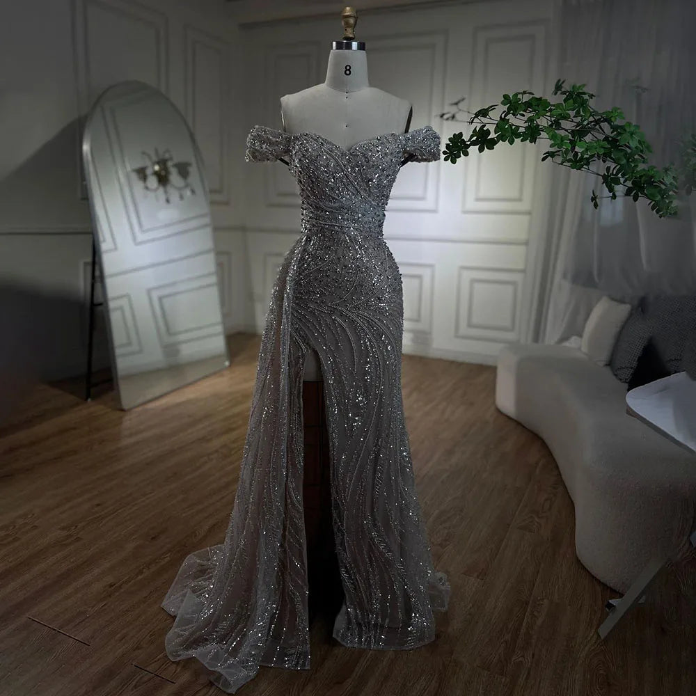 Silver Nude Mermaid High Split Beaded Luxury Evening Dress Gown LA72262