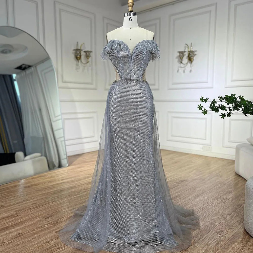 Robe de soirée arabe argentée avec traîne amovible, robe sirène scintillante de luxe 2025 pour soirées pour femmes, LA70813 