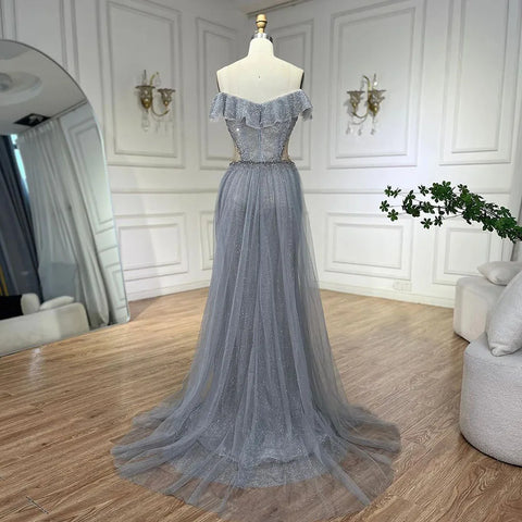 Arabic Silver Evening Gowns with Detachable Train, 2025 Luxury Sparkling Mermaid Dresses for Women's Party, LA70813