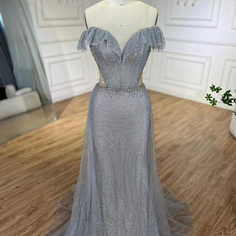 Arabic Silver Evening Gowns with Detachable Train, 2025 Luxury Sparkling Mermaid Dresses for Women's Party, LA70813