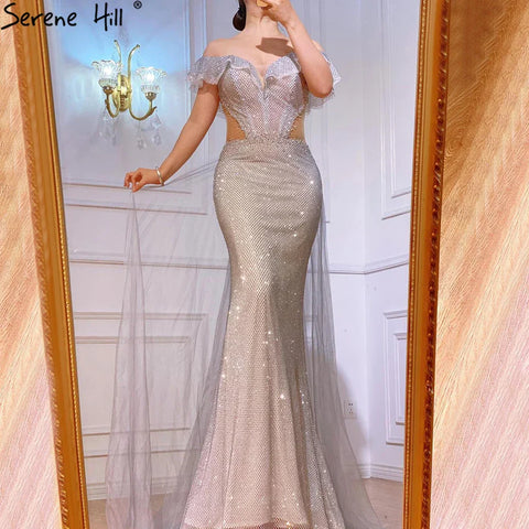 Arabic Silver Evening Gowns with Detachable Train, 2025 Luxury Sparkling Mermaid Dresses for Women's Party, LA70813