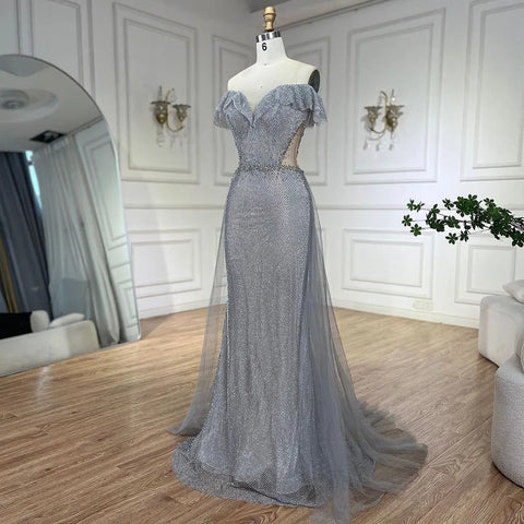 Arabic Silver Evening Gowns with Detachable Train, 2025 Luxury Sparkling Mermaid Dresses for Women's Party, LA70813