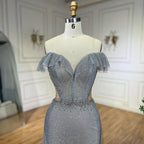 Robe de soirée arabe argentée avec traîne amovible, robe sirène scintillante de luxe 2025 pour soirées pour femmes, LA70813 