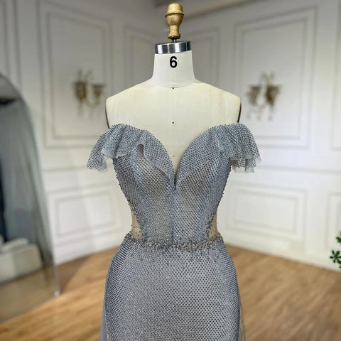 Arabic Silver Evening Gowns with Detachable Train, 2025 Luxury Sparkling Mermaid Dresses for Women's Party, LA70813