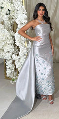 Vestidos de noche de lujo con cuentas, estilo sirena, color gris plata árabe, satén, sin tirantes, para mujer, para bodas y fiestas, colección 2025, LA72349 