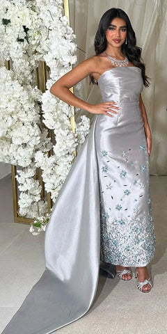 Robe de soirée sirène en satin gris argenté, sans bretelles, luxueuse, avec perles, style arabe, pour femme, tenue de mariage, LA72349, 2025 