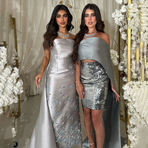 Robe de soirée sirène en satin gris argenté, sans bretelles, luxueuse, avec perles, style arabe, pour femme, tenue de mariage, LA72349, 2025 