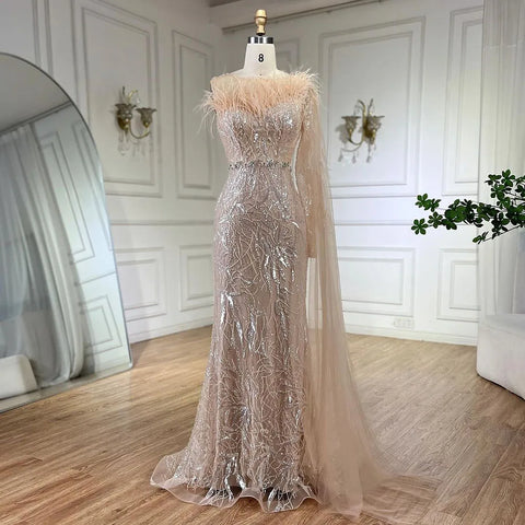 Robe de soirée longue style sirène, asymétrique, gris argenté, avec cape et perles, pour femme, tenue de mariage, 2025, LA72446 