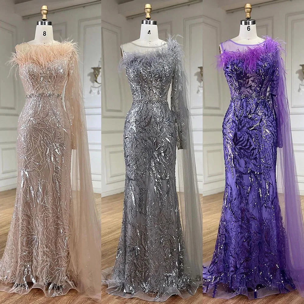Robe de soirée longue style sirène, asymétrique, gris argenté, avec cape et perles, pour femme, tenue de mariage, 2025, LA72446 