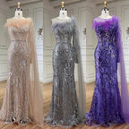 Robe de soirée longue style sirène, asymétrique, gris argenté, avec cape et perles, pour femme, tenue de mariage, 2025, LA72446 
