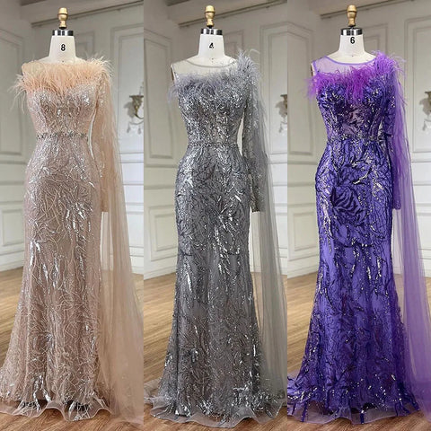 Robe de soirée longue style sirène, asymétrique, gris argenté, avec cape et perles, pour femme, tenue de mariage, 2025, LA72446 