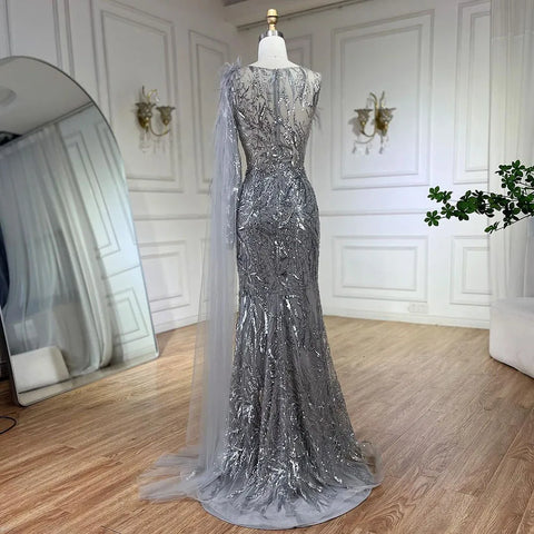 Robe de soirée longue style sirène, asymétrique, gris argenté, avec cape et perles, pour femme, tenue de mariage, 2025, LA72446 