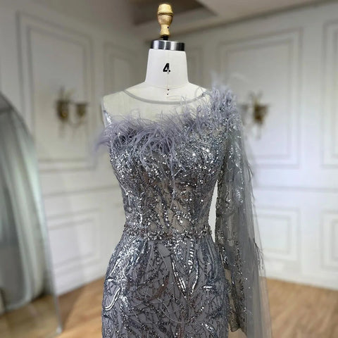 Robe de soirée longue style sirène, asymétrique, gris argenté, avec cape et perles, pour femme, tenue de mariage, 2025, LA72446 