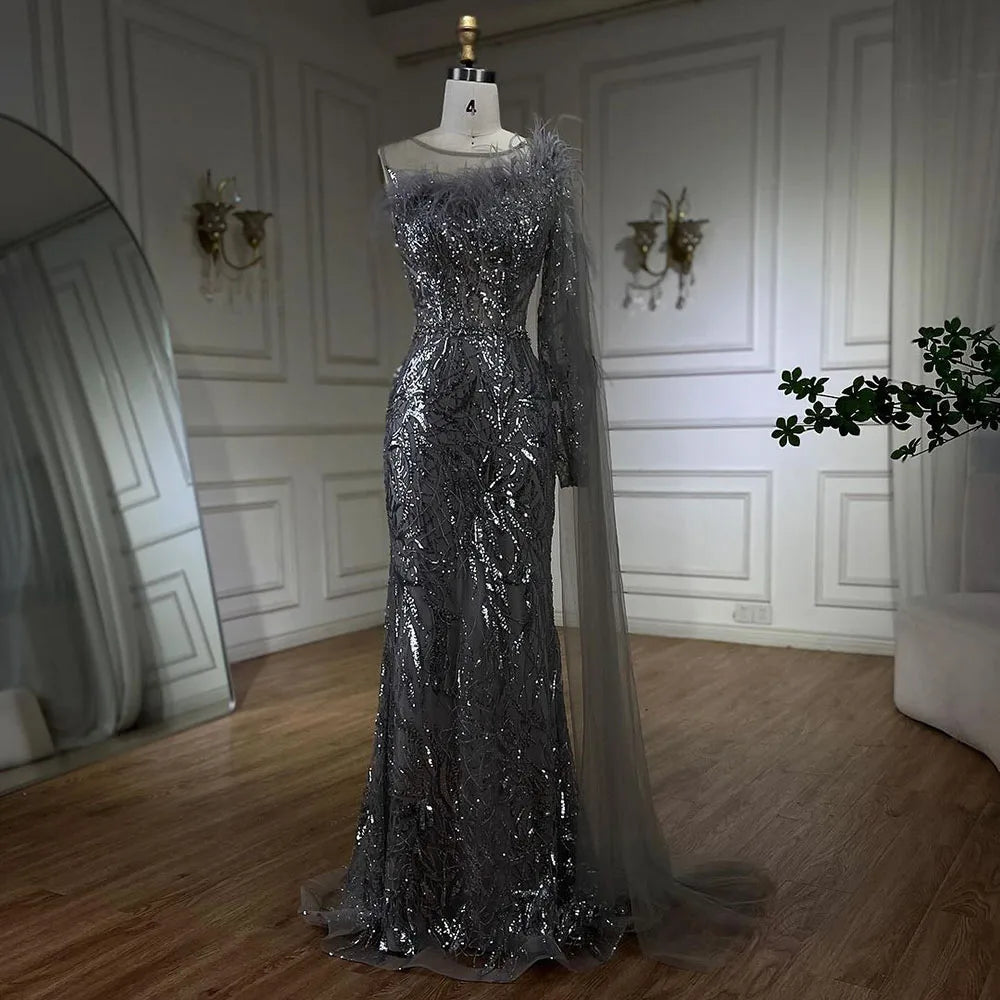 Arabic Silver Gray One Shoulder Mermaid Long Cloak Beaded Evening Dresses Gowns for Women Wedding Party 2025 LA72446